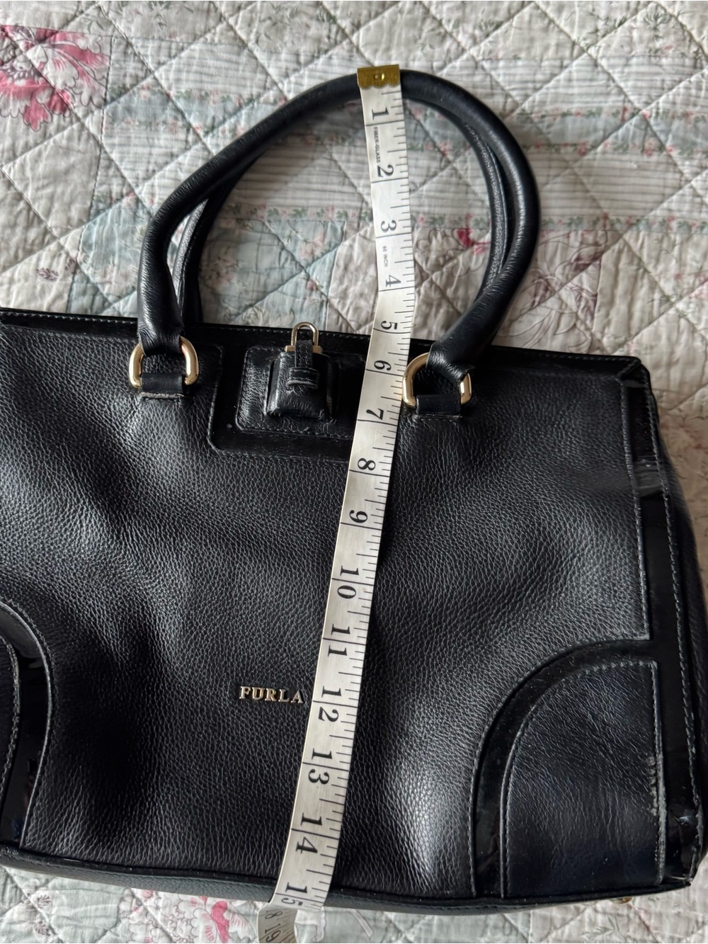 Furla Black Leather Tote Bag Gold Hardware Structured Satchel Purse - Picture 11 of 15